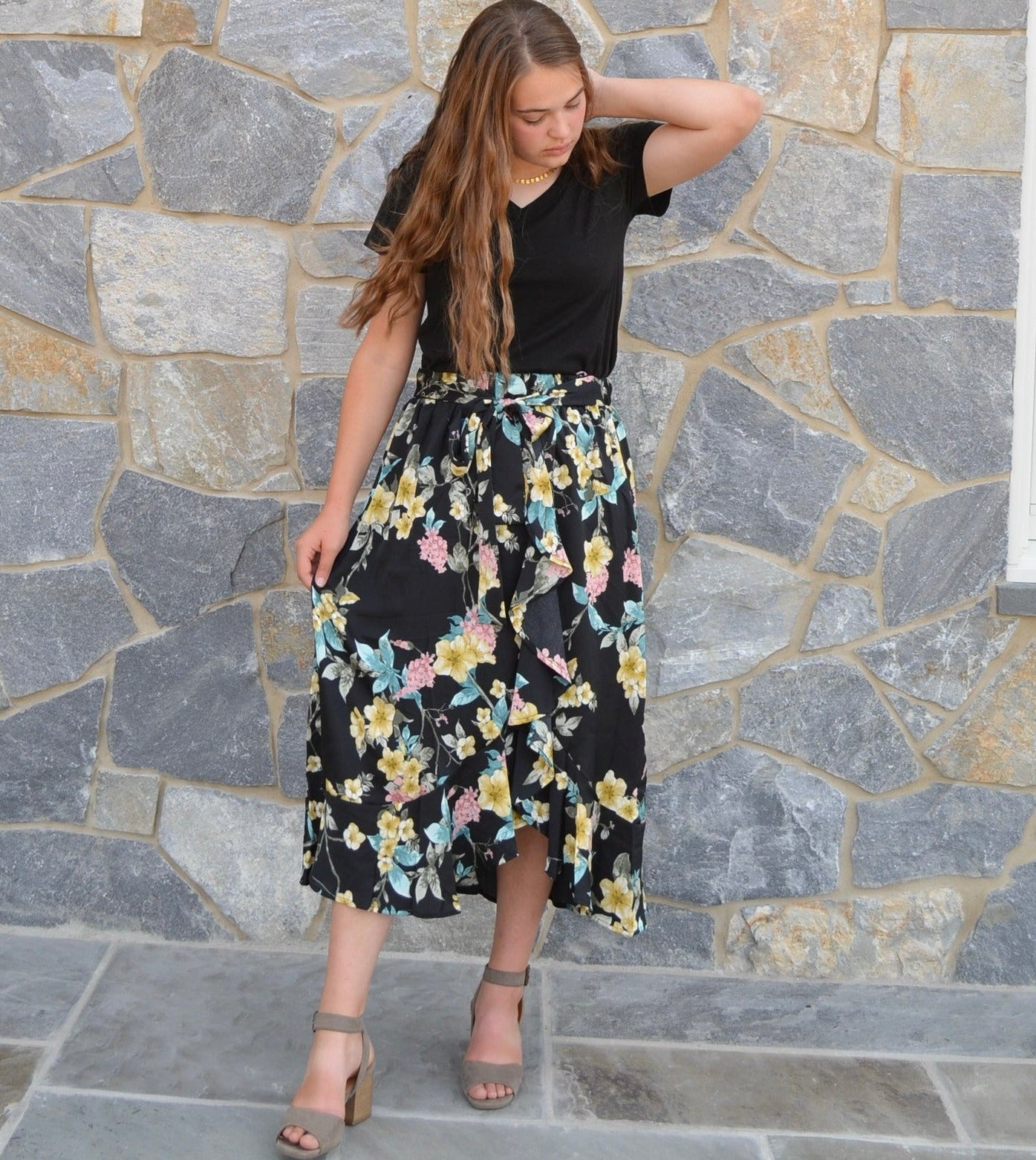 Modest Black Floral Skirt - Made in USA