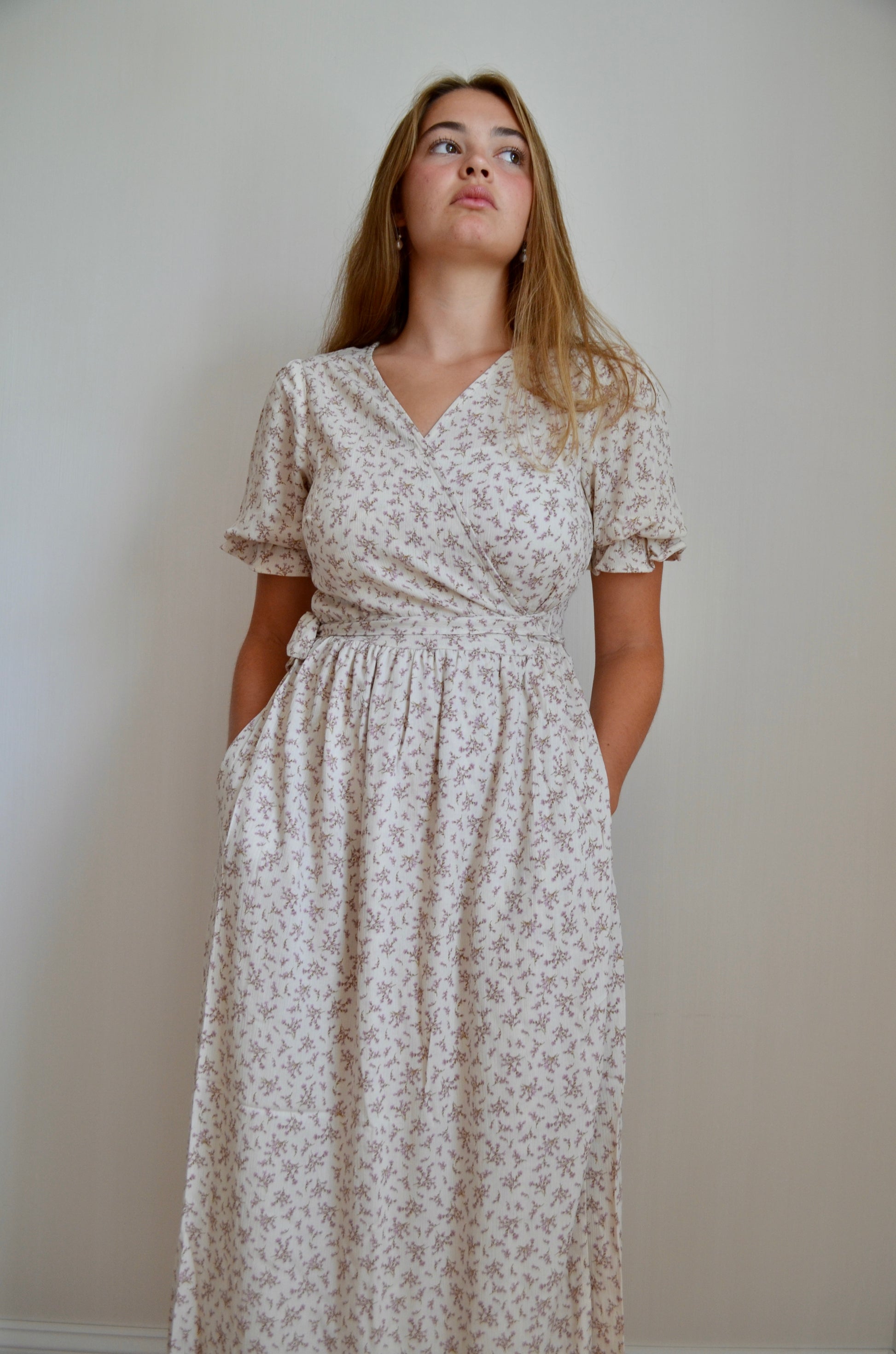 wrap dress ivory Strappy wrap gown with cowl